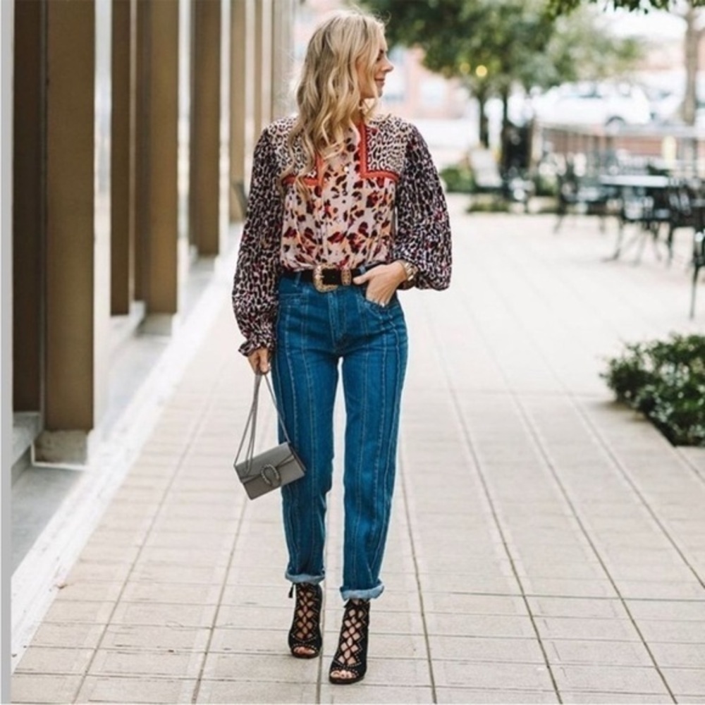 Anthropologie Blank London Joelle Leopard Print Peasant Blouse Size XS